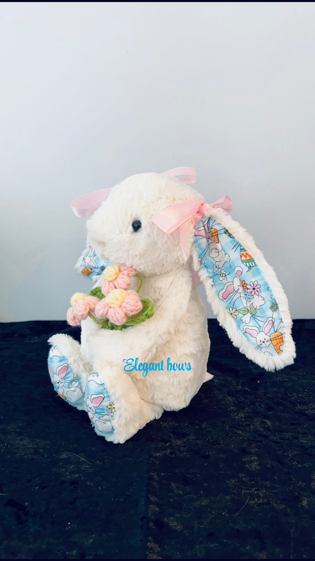 Jellycat Custom made Easter Bunny Holdig a beautiful bouquet of flowers