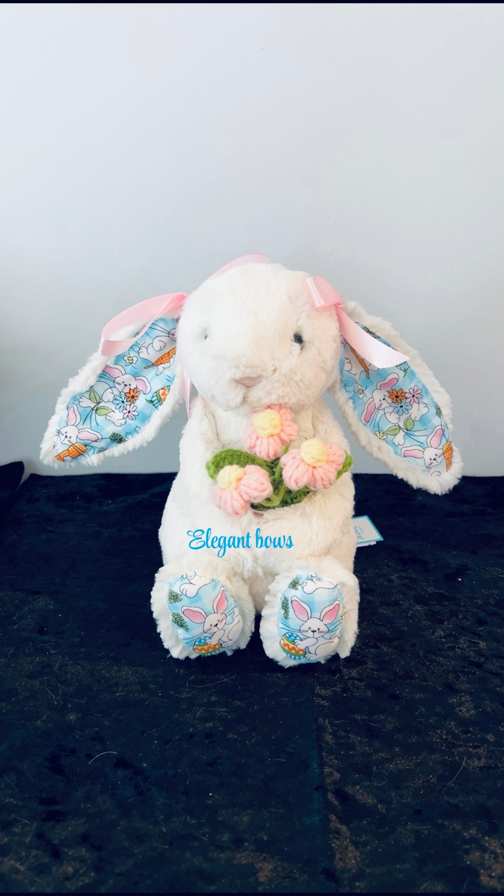 Jellycat Custom made Easter Bunny Holdig a beautiful bouquet of flowers