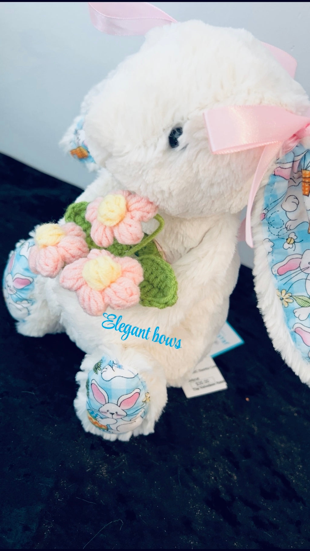 Jellycat Custom made Easter Bunny Holdig a beautiful bouquet of flowers