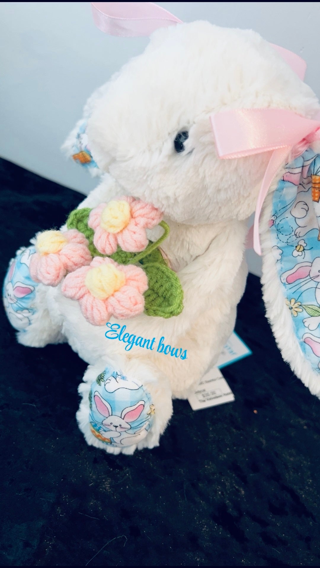 Jellycat Custom made Easter Bunny Holdig a beautiful bouquet of flowers