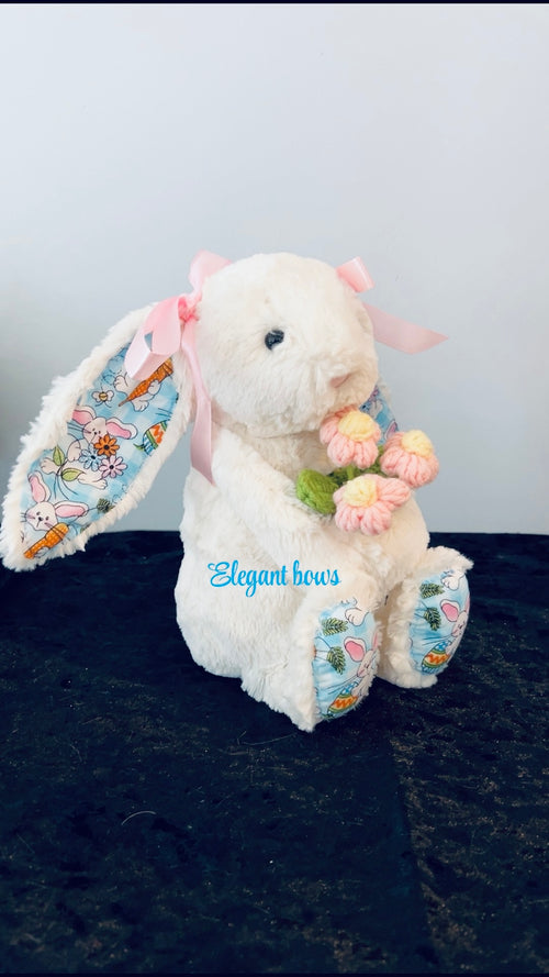 Jellycat Custom made Easter Bunny Holdig a beautiful bouquet of flowers